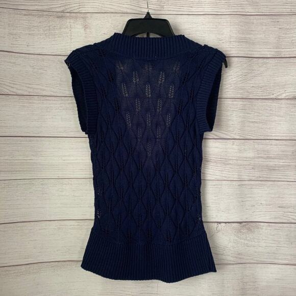 Charlotte Russe Navy Blue Knit Sweater Sheer Deep V-Neck Short Sleeves Medium - Picture 8 of 9